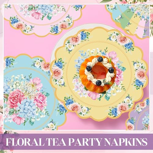 Floral Tea Party Napkins - 100 Pack Vintage Scalloped Paper Napkins