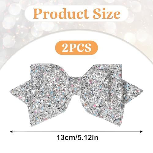 Silver Glitter Hair Bow Clips - 5 Inch Sparkly Accessories for Girls