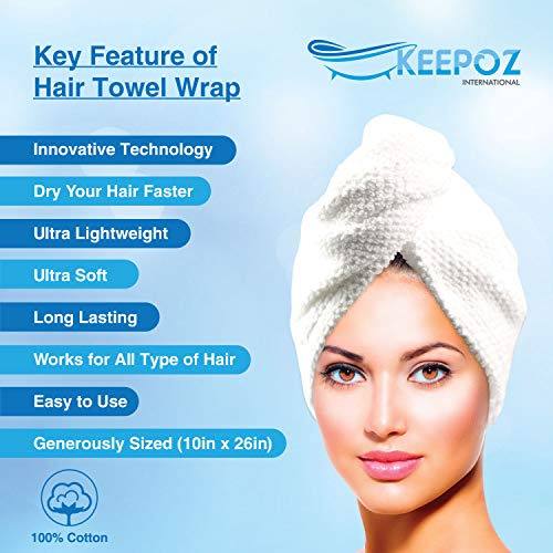 KEEPOZ 2-Pack Cotton Hair Towel Wraps for Women, Quick Dry Turban with Button, White Check