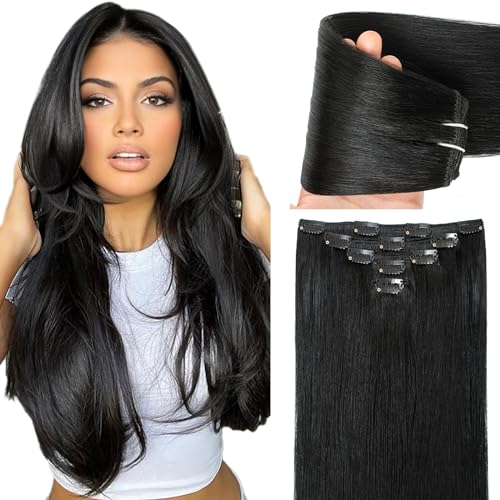 Clip-In Human Hair Extensions 14 Inch Natural Black Brazilian Straight 60G
