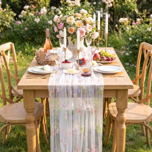 QueenDream Floral Table Runner 10FT White Embroidery Tulle