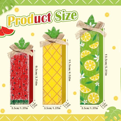 Summer Fruit Table Decor Set - 3 Rustic Wood Blocks for Kitchen