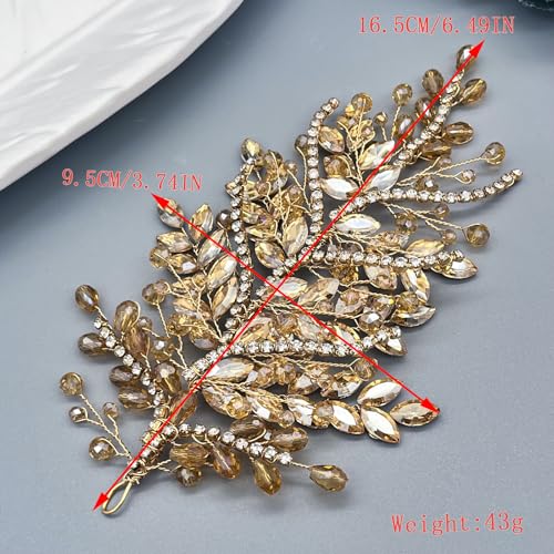 WONRLUA Champagne Bridal Headpiece, Leaf Wedding Hair Piece with Crystals