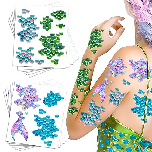 Halloween Mermaid Scale Temporary Tattoos Stickers – 12 Sheets for Mermaid & Ocean Party Decor