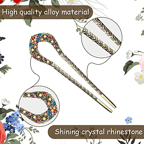 Vintage Crystal Hair Forks Set, 5 Pcs U-Shaped Metal Hairpins for Updos