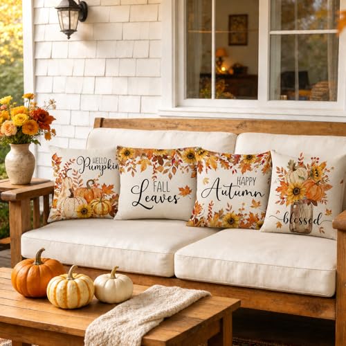 Fall Pillow Covers 18x18 Set of 4 - Rustic Pumpkin & Maple Leaves