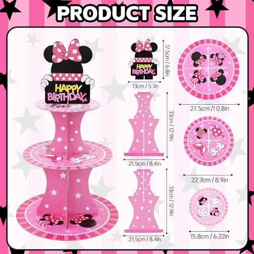 3-Tier Black and Pink Cartoon Cupcake Stand with 24 Toppers