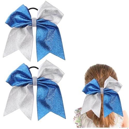 Hipcheer Glitter Blue Silver Cheer Bow - 8 Inch Jumbo Ponytail Hair Accessories for Girls & Cheerleaders