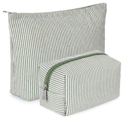 Huhumy 2-Piece Makeup Bag Set for Women - Bean Green with Thin Stripe Variation