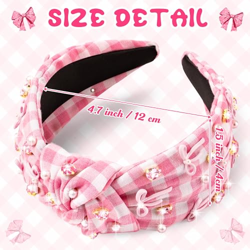 Y1tvei Plaid Bow Checked Headband with Rhinestones & Pearls - Wide Top Knot Fashion Hair Accessory for Women