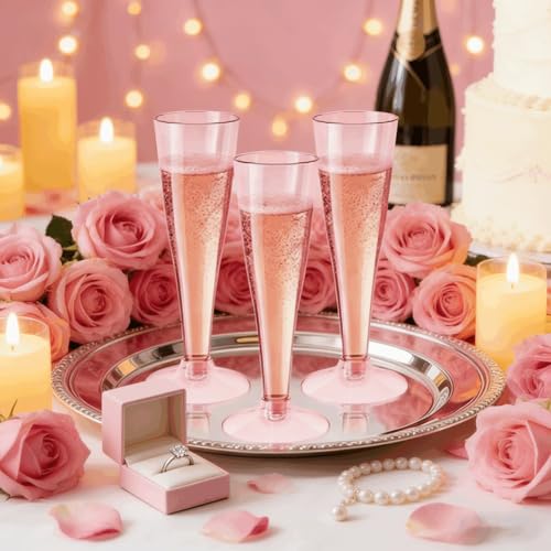 40 Pack Pink Plastic Champagne Flutes - 4.5oz Disposable Wine Glasses for Parties