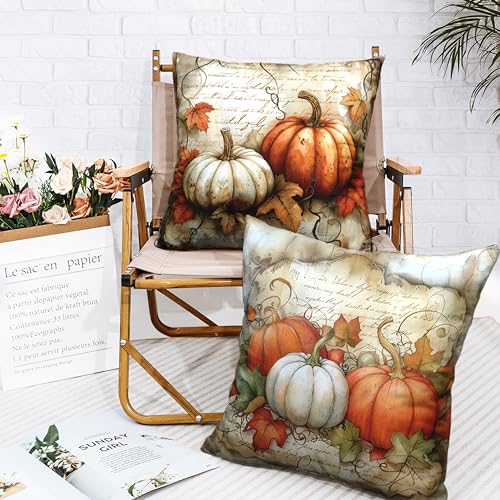 Fall Pumpkin and Maple Leaves Pillow Covers - Set of 2, 18x18