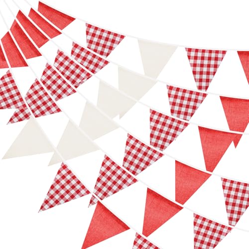 G2PLUS Red and White Gingham Bunting Banner - 32Ft Cotton Garland for Parties