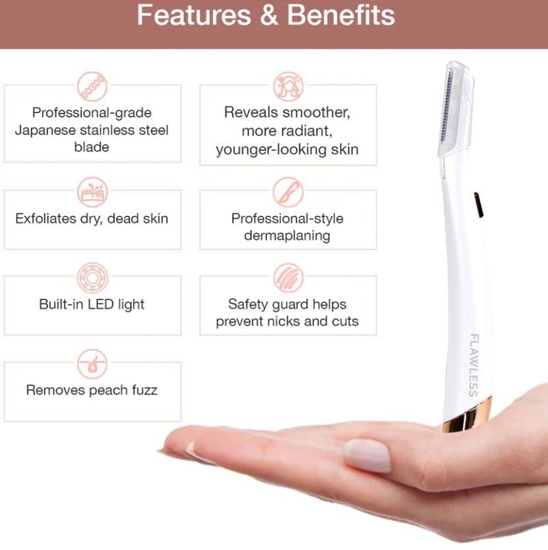 Flawless Dermaplane Glo Lighted Facial Exfoliator - Non-Vibrating | 6 Replacement Heads, White/Rose Gold