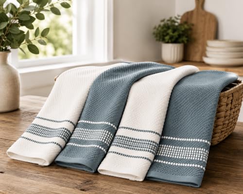 MosJos Cotton Kitchen Towels - Blue & White Stitched Design, 4-Pack, Super Absorbent 18x28