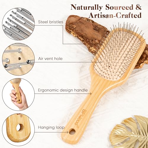 BFWood Bamboo Hair Brush with Metal Bristles for Detangling and Scalp