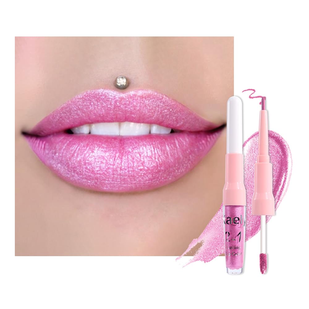 Dark Purple Red Metallic Glitter Lip Liner & Lipstick Combo - Long Lasting Waterproof Liquid Lipstick Set for Women | Iridescent Shine, Non-Stick Cup