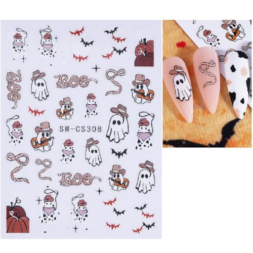 SPNBCQ Orange Halloween & Autumn Nail Art Stickers, 8 Sheets, 3D Self-Adhesive Pumpkin Face & Ghost Decals