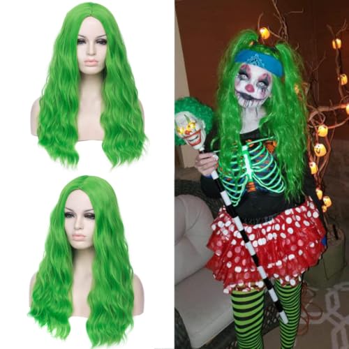 Green 24-Inch Long Curly Wavy Wig for Women Heat-Resistant Synthetic Cosplay & Party