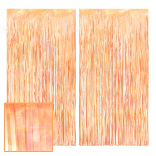 Orange Fringe Curtains - 2 Pack Foil Backdrop for Parties