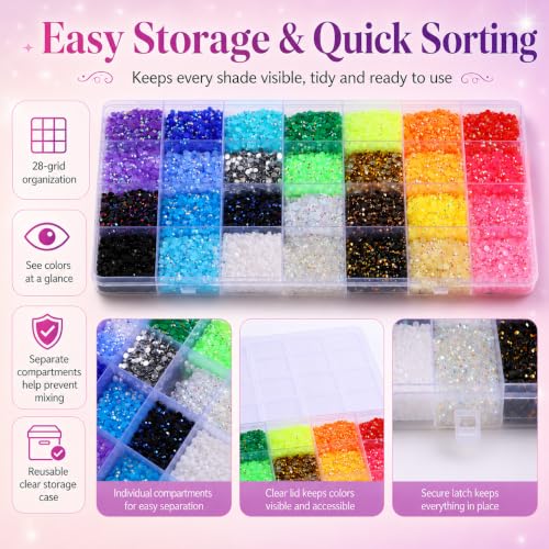 30000PCS DIY Rhinestone Bedazzling Kit with 28 Colors & Glue for Crafts, Nails, Phone Cases & Apparel