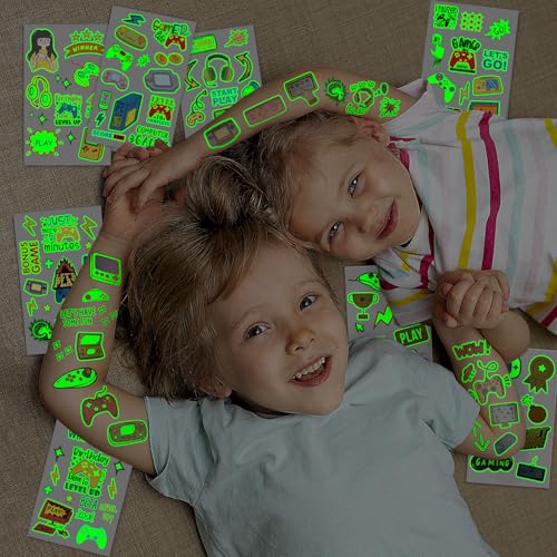 EMOME 140 Styles Luminous Temporary Tattoos for Kids – Video Game Party Favors (12 sheets)