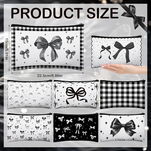 Black Bow Makeup Bags Set - 8 Floral Canvas Cosmetic Pouches for Women & Bridesmaids