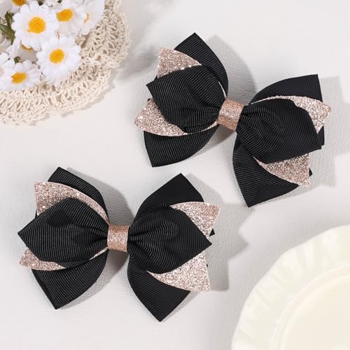 Black Glitter Hair Bow Clips for Girls Kids - 2 Pack 4 Inch Sparkly Hair Accessories
