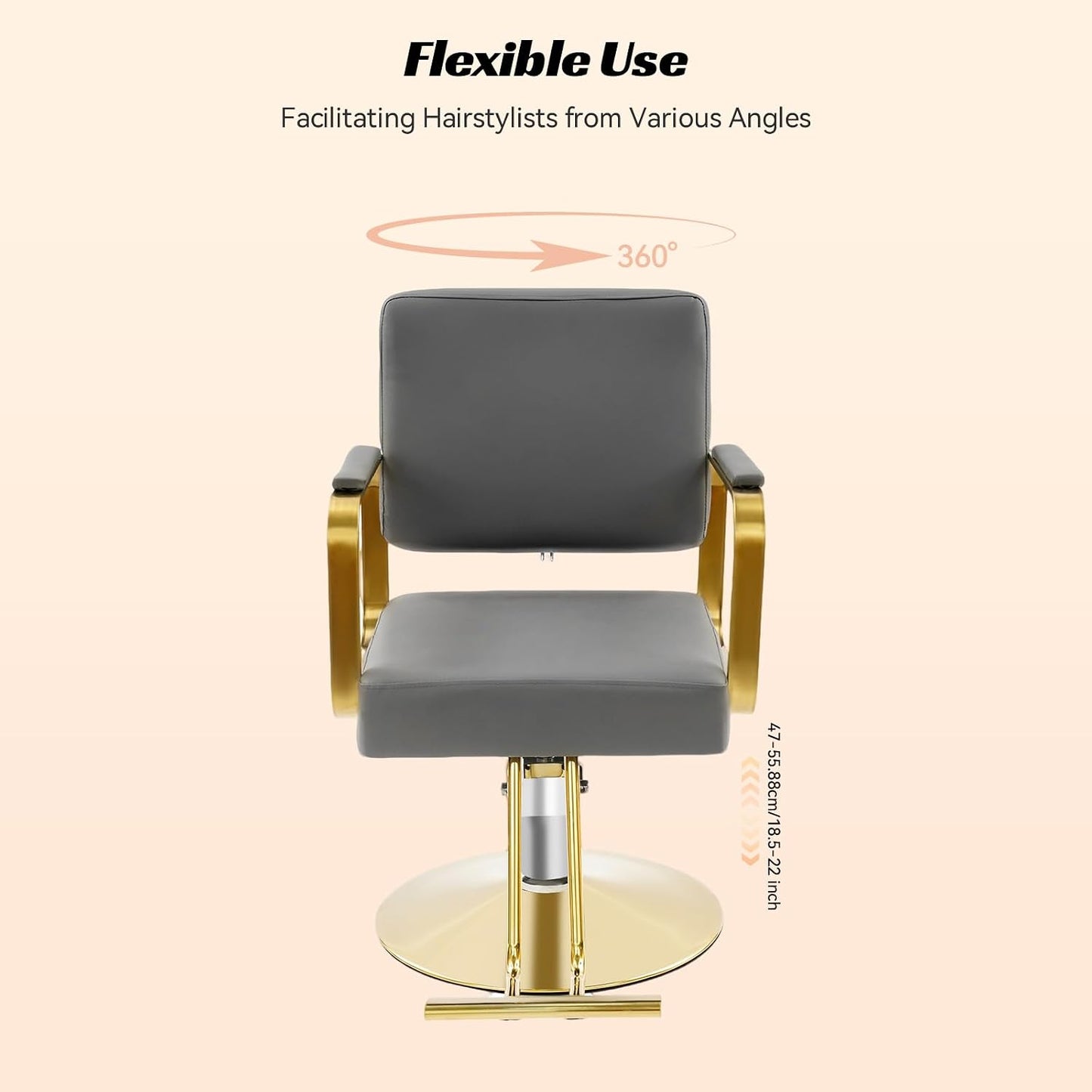 Salon Barber Chair - Hydraulic Pump & 360° Swivel | Adjustable Height Beauty Chair in Grey & Gold