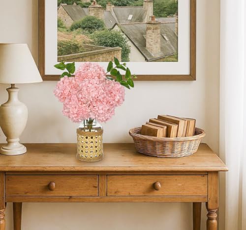 Pink Hydrangea Artificial Flowers in Woven Glass Vase - 12.5" Centerpiece