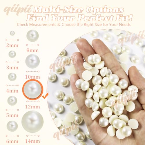 qiipii 110pcs 12mm Beige White Half Pearl Beads for Nail Art Crafts and DIY Jewelry - Bulk