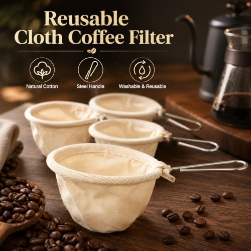 CALIDAKA Reusable Flannel Coffee Filters with Stainless Steel Handle - 4 Pack