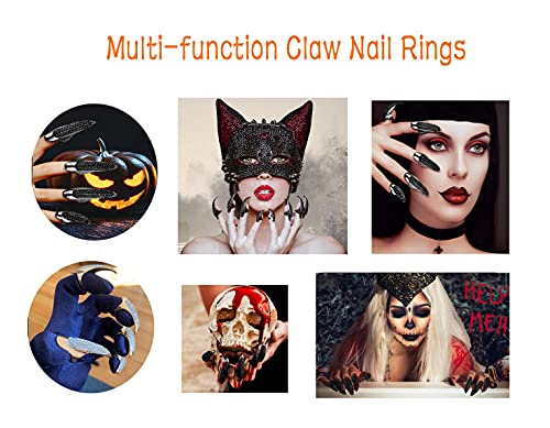 Bestga Black Halloween Crystal Claw Rings Cat Wolf Cosplay Paw Nails Set