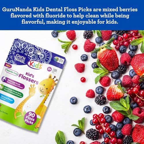 GuruNanda Giraffe Dental Floss Picks for Kids, Berry Flavor, 90 Count