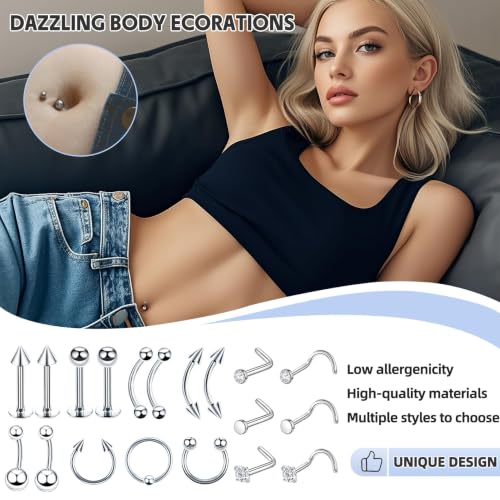 TKKUY 80Pcs Nose Piercing Kit - 12G 14G 16G 20G Needles & Stainless Steel Body Jewelry