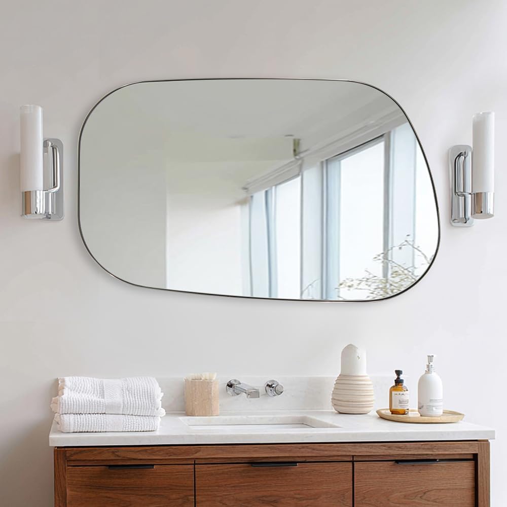 Chrome Asymmetrical Wall Mirror - Unique 24"x32" Irregular Design with SUS304 Stainless Steel Frame for Bathroom, Bedroom, Entryway
