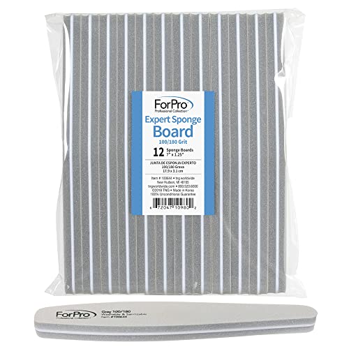 ForPro Professional Nail Sponge Boards 7” L x 1.25” W, 12-Count, Double-Sided Grit 100/180