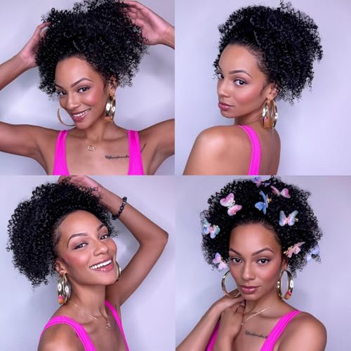 MKJVEN Afro Kinky Curly Drawstring Ponytail 10 Inch - Natural 1B (With Clips)