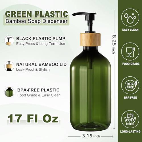 Kasunting Green Soap Dispenser Set with Bamboo Pump, 2 Pack - 17 Fl Oz