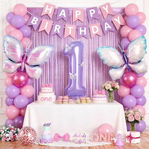 Butterfly 1st Birthday Decoration Set with Number 1 Balloon