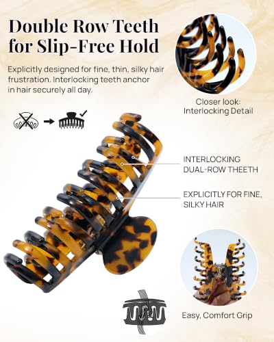 Mesovor Tortoise Coffee Double Row Teeth Hair Claw Clips for Thin Hair