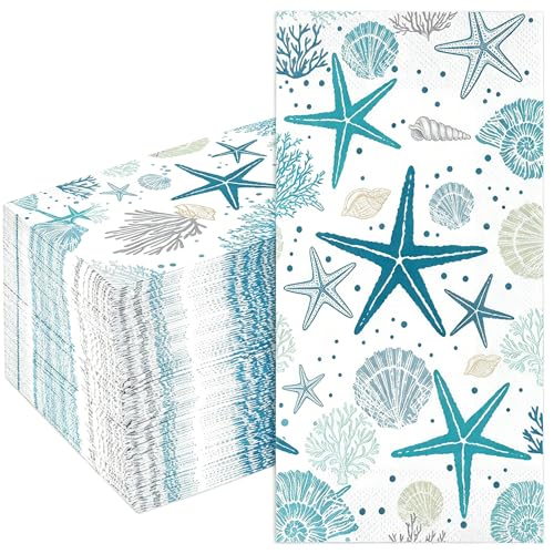 100 Coastal Paper Napkins - Starfish & Seashell Design for Parties