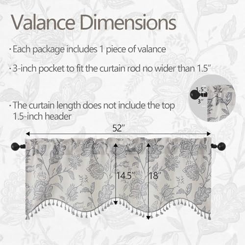 Farmhouse Scalloped Valance - Floral Faux Linen Window Curtain 52x18