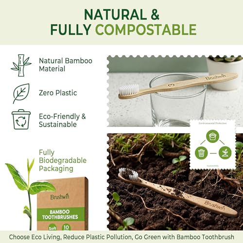 BRUSHWIN 10-Pack Bamboo Toothbrushes, Soft Plant-Based Bristles Eco-Friendly