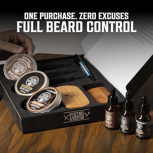 Viking Revolution Ultimate Beard Care Collection - Gifts for Men Includes Oil, Balm, Brush, Comb and Pen - Beard Kit for Men with Sandalwood, Spiced Vanilla, Coffee Whiskey, Sweet Tobacco