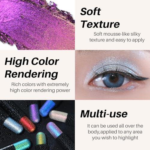 CHARMACY A08 Duochrome Glitter Eyeshadow Stick - Chameleon Metallic Smoky Eye, Long-Lasting Water-Resistant, High Pigment