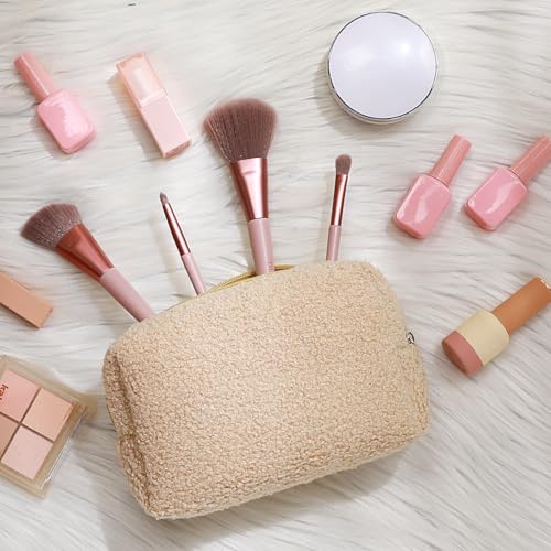 Paterr 4 Pack Fuzzy Cosmetic Bags in White & Brown Plush Travel Makeup Pouches