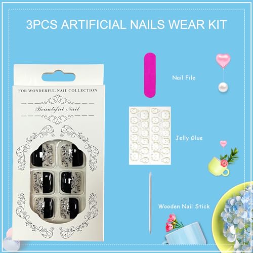 Tyuimhx Black Flowers Square Toenails - 24pc Reusable Glitter Nail Set (Variation: Black Flowers)