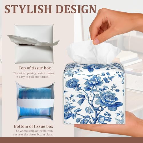 Blue Floral Tissue Box Holder - Waterproof Leather Organizer for Home & Car, 2 Pack