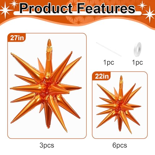 9 Pcs Orange Star Mylar Balloons – 27 & 22 Inch Party Decor